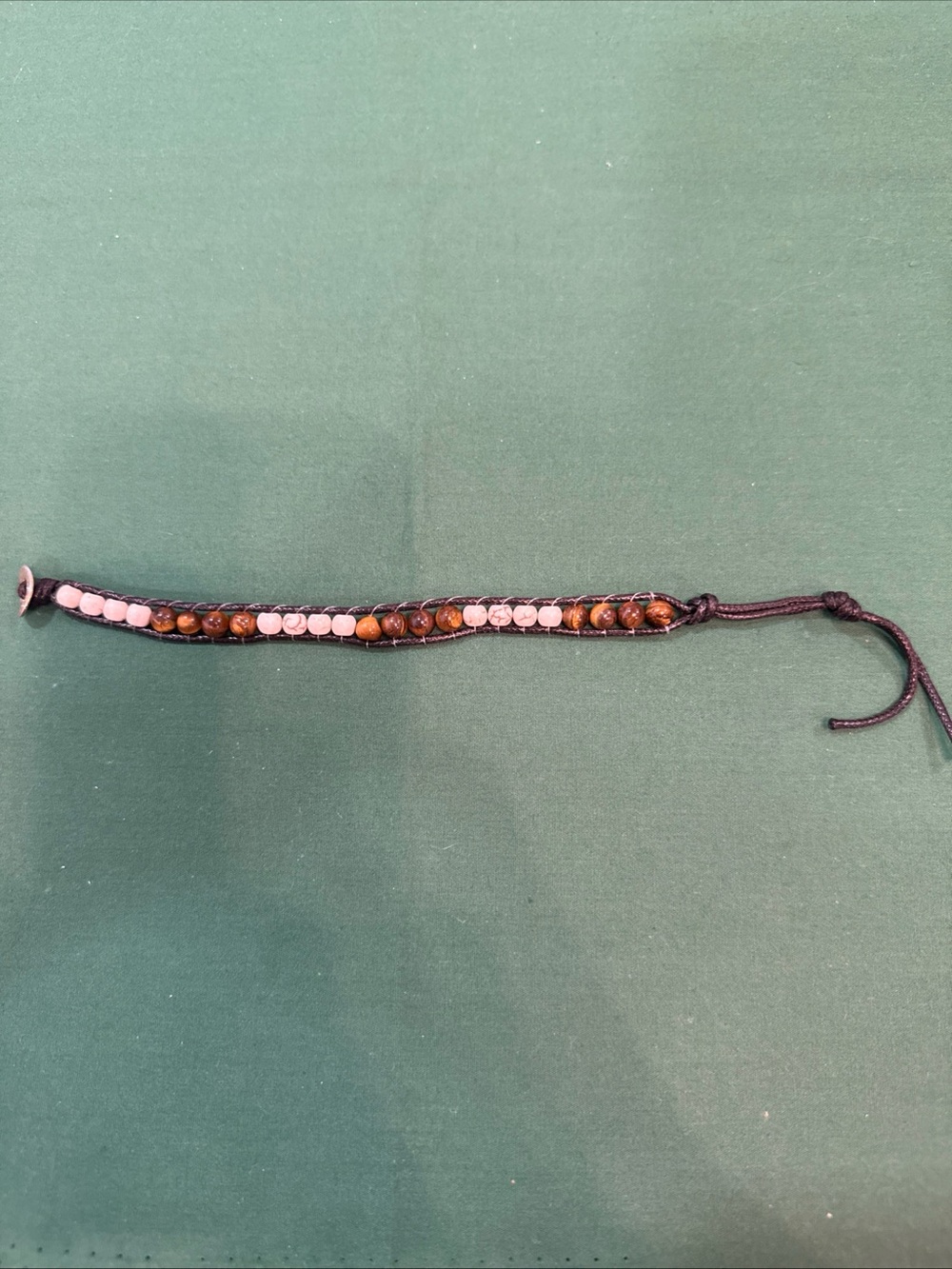 Leather Wrap Bracelet W/Alternating White &Brown Gemstone Beads. 3E